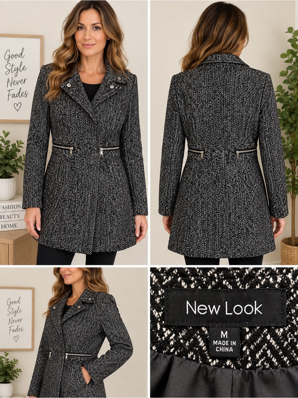 New Look Black & White Tweed Moto Peacoat